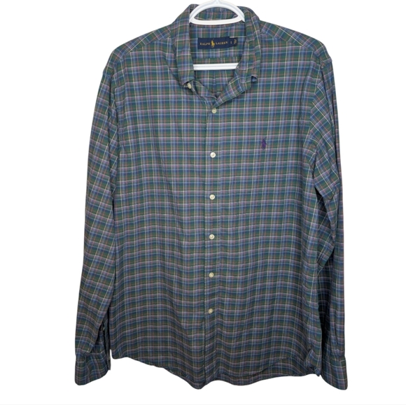 Ralph Lauren Men's Large Blue Green Purple Plaid Button Down Logo Shirt - Picture 1 of 11